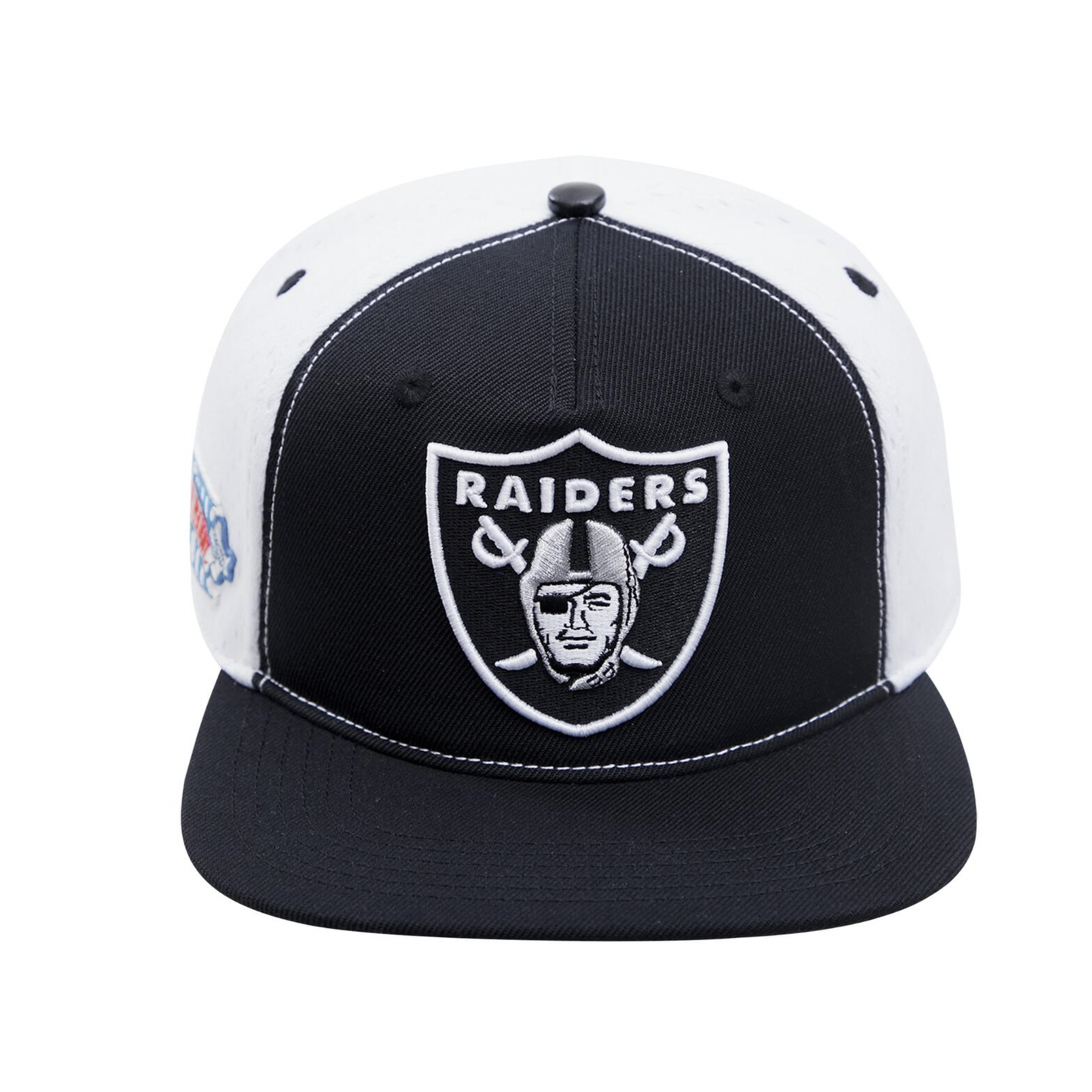 Black and white Pro Standard Las Vegas Raiders Pinch Front Mesh Back Hat with embroidered logo on the front