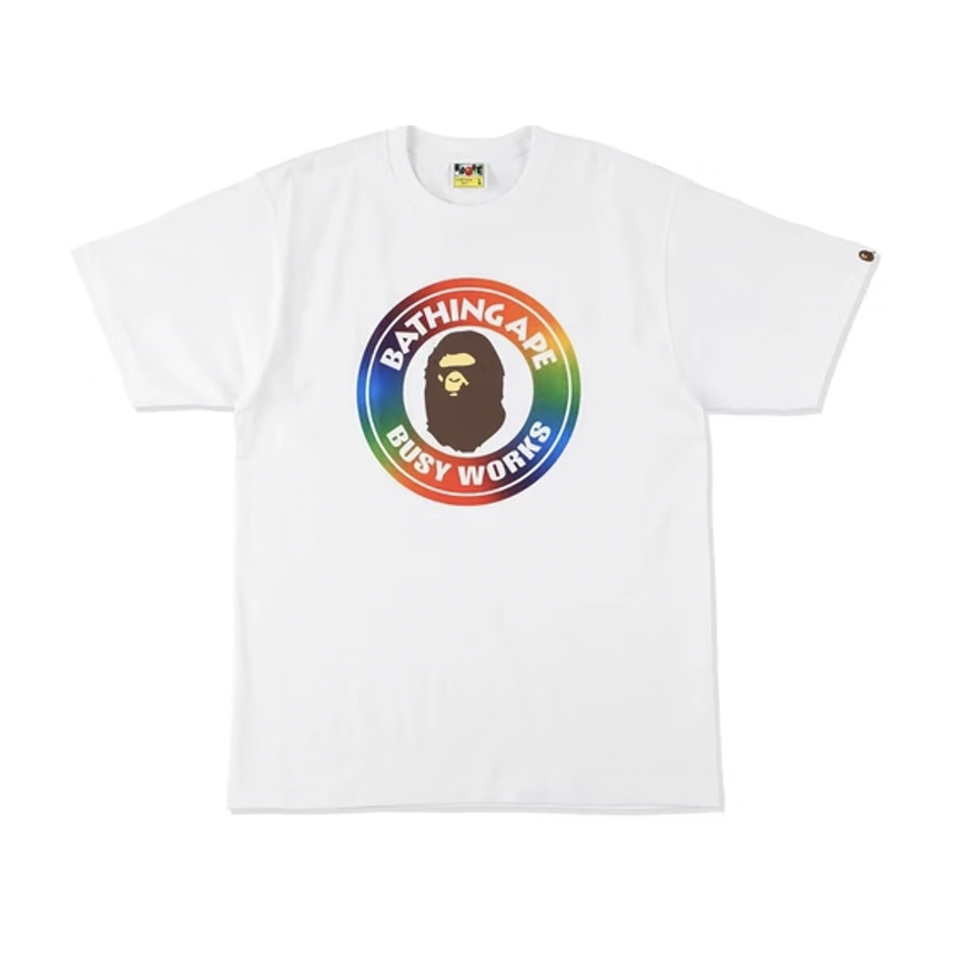 White BAPE Rainbow Busy Works Tee featuring vibrant rainbow graphic design