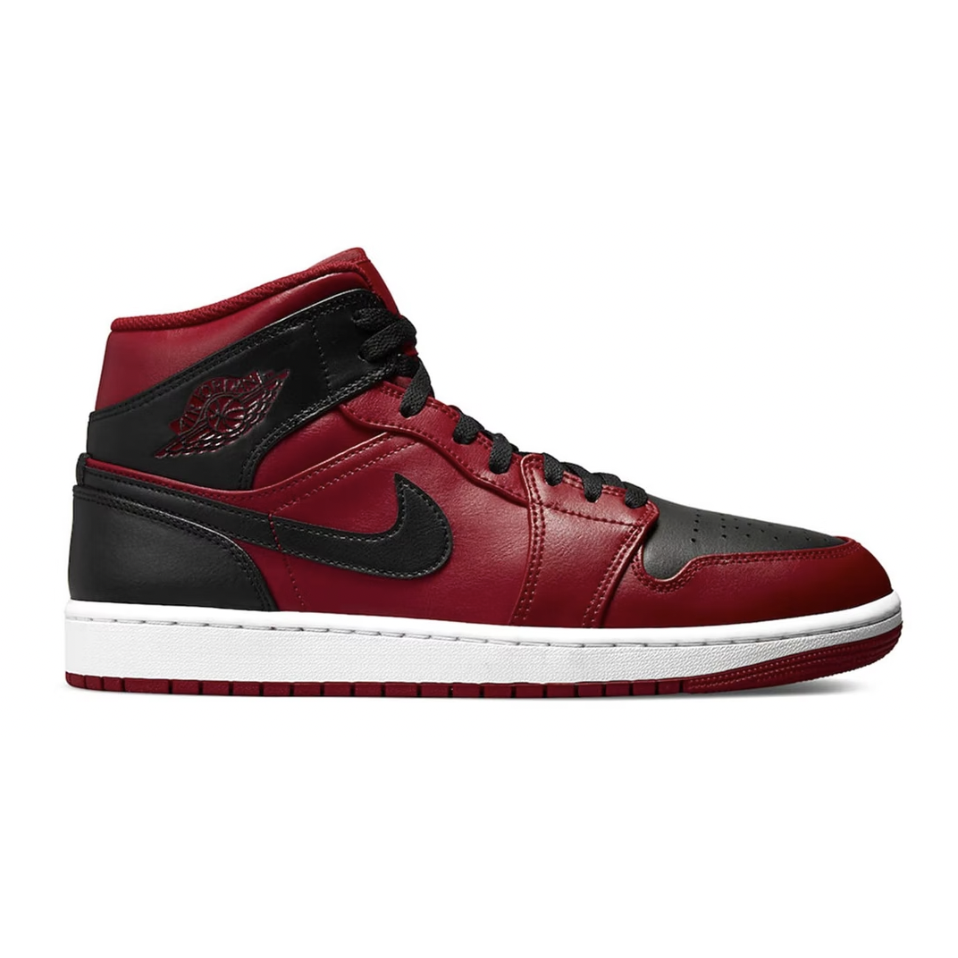 High-quality image of the stylish and iconic Jordan 1 Mid -Reverse Bred (2021) sneaker in classic black and red colorway, perfect for sneakerheads and fashion enthusiasts