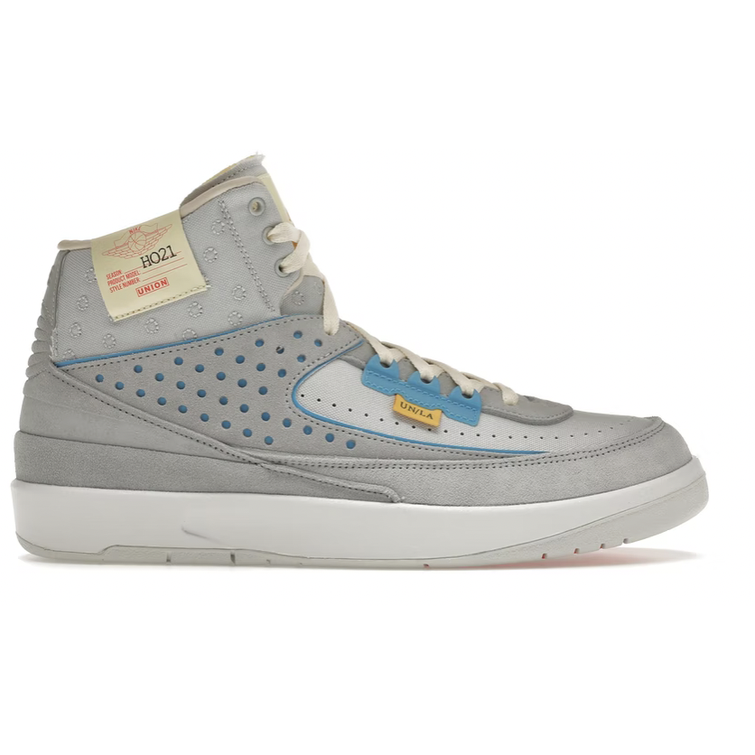 Close-up image of the Jordan 2 Retro SP - Union Grey Fog, a stylish and modern sneaker with a sleek grey colorway and Union branding