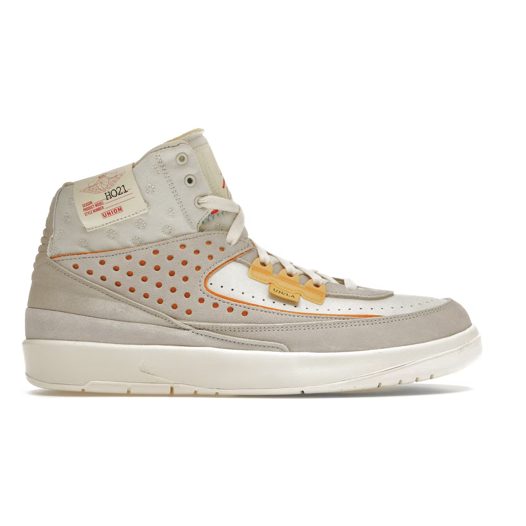 Close-up of the Jordan 2 Retro SP - Union Rattan sneakers in stylish tan colorway, featuring premium leather and iconic Union branding