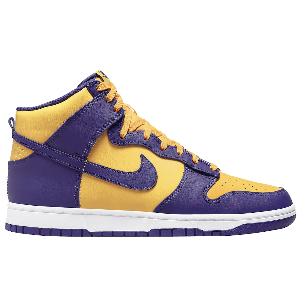Nike Dunk High Lakers basketball shoes in yellow and purple colorway