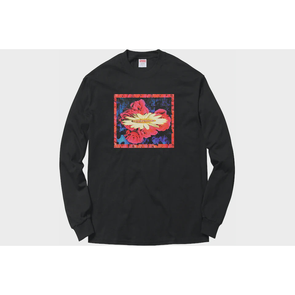 Long-sleeve black Supreme Blooms tee featuring vibrant floral designs and logo
