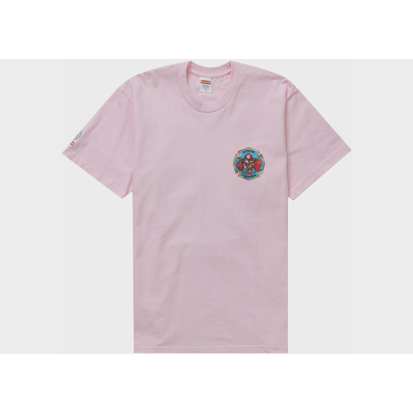 Light pink Supreme FDNY Engine 9 Tee featuring iconic logo design