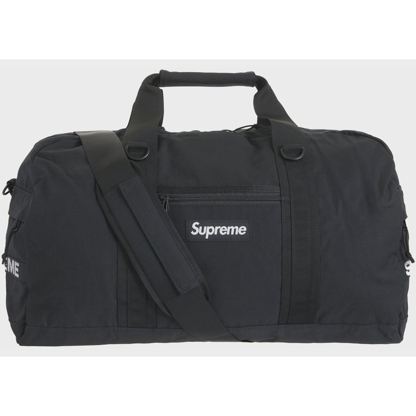 Black Supreme Field Duffle Bag from SS23 collection, perfect for travel and outdoor activities