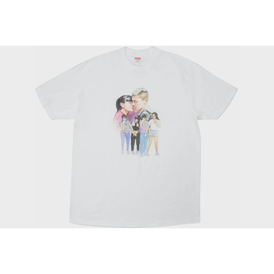 Close up of white Supreme Kiss Tee with red lipstick mark