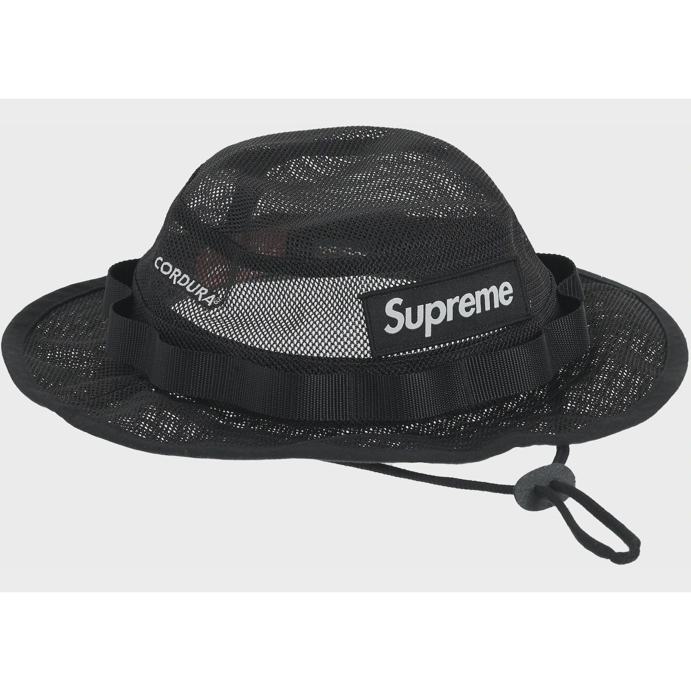 Black Supreme Mesh Cordura Boonie hat with SS23 design, perfect for outdoor activities