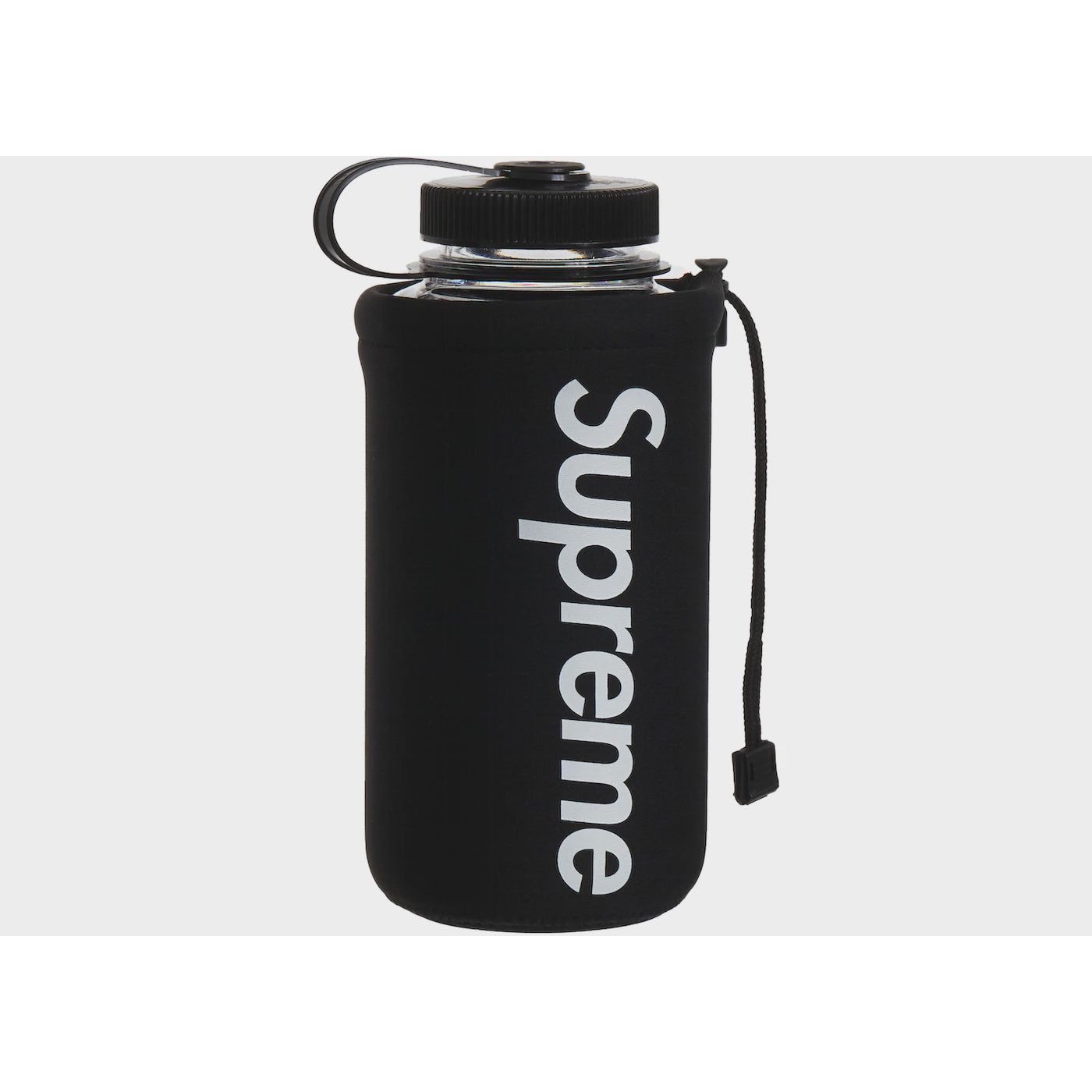 Black Supreme Nalgene 32 oz Bottle from the SS20 collection, a durable and stylish hydration option for outdoor enthusiasts and athletes