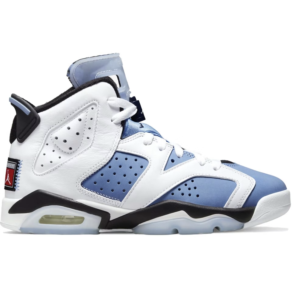 A detailed image of the Jordan 6 Retro - UNC White (GS) sneakers for kids with the classic University of North Carolina colorway