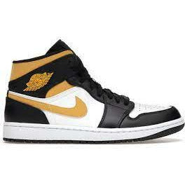 High-top Jordan 1 Mid sneakers in white, pollen yellow, and black colorway