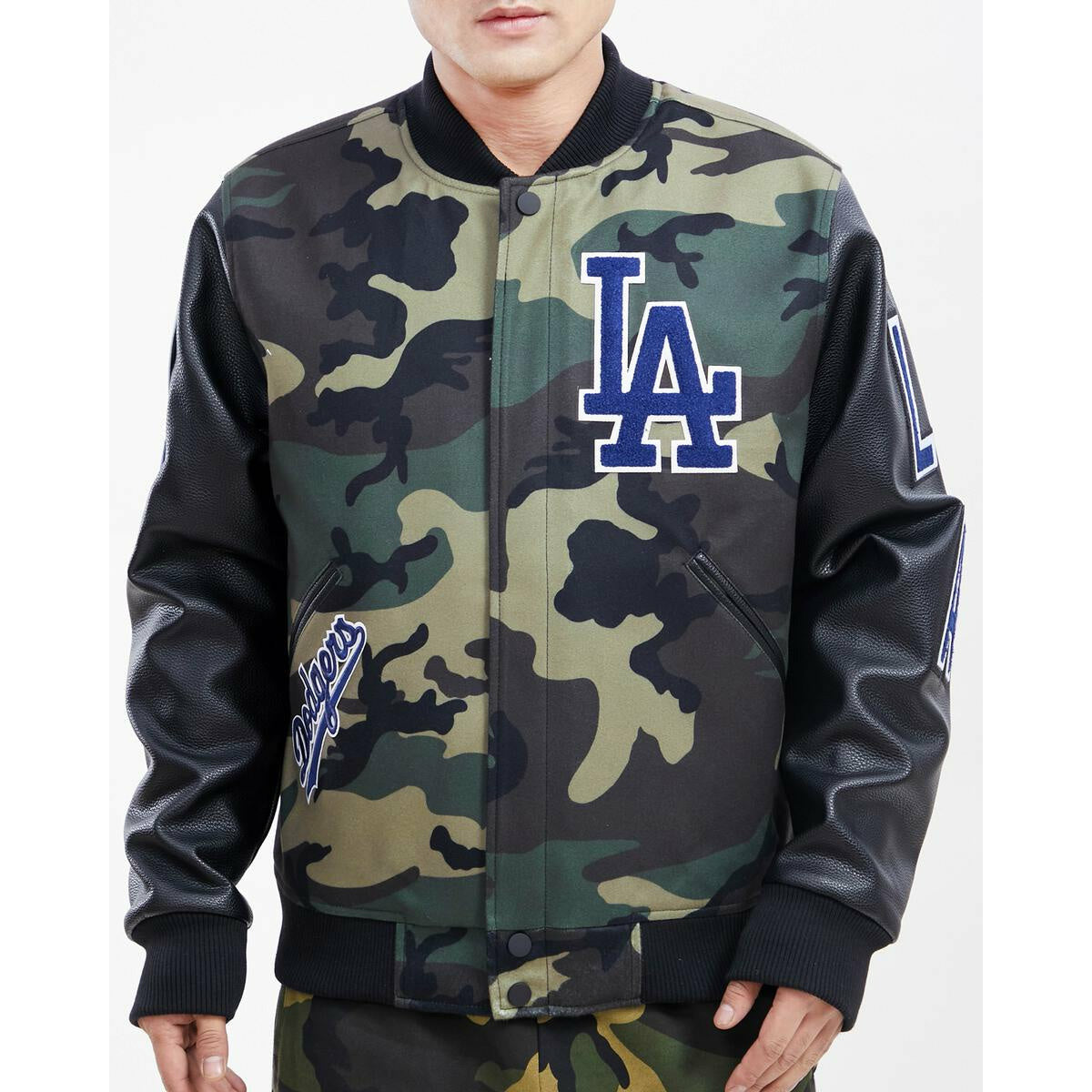 Pro Standard Los Angeles Dodgers Camo Logo Varsity Jacket (LLD632787) featuring iconic team emblem and stylish camouflage design