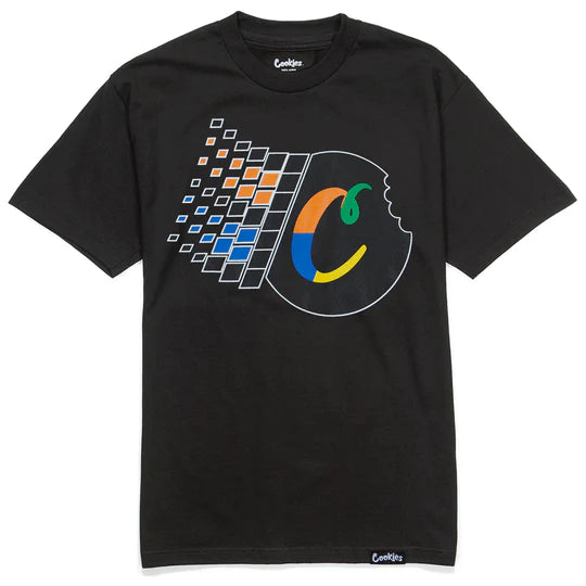 Alt text: A black t-shirt with a fun illustration of cookies window shopping in a vibrant city