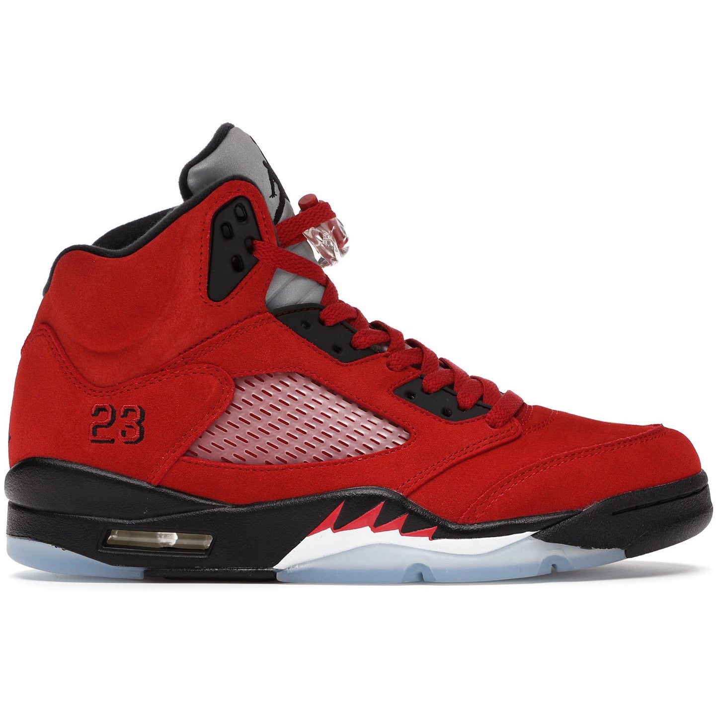 A brand new deadstock pair of Jordan 5 Retro Raging Bulls Red sneakers from 2021 featuring vibrant red accents and classic design