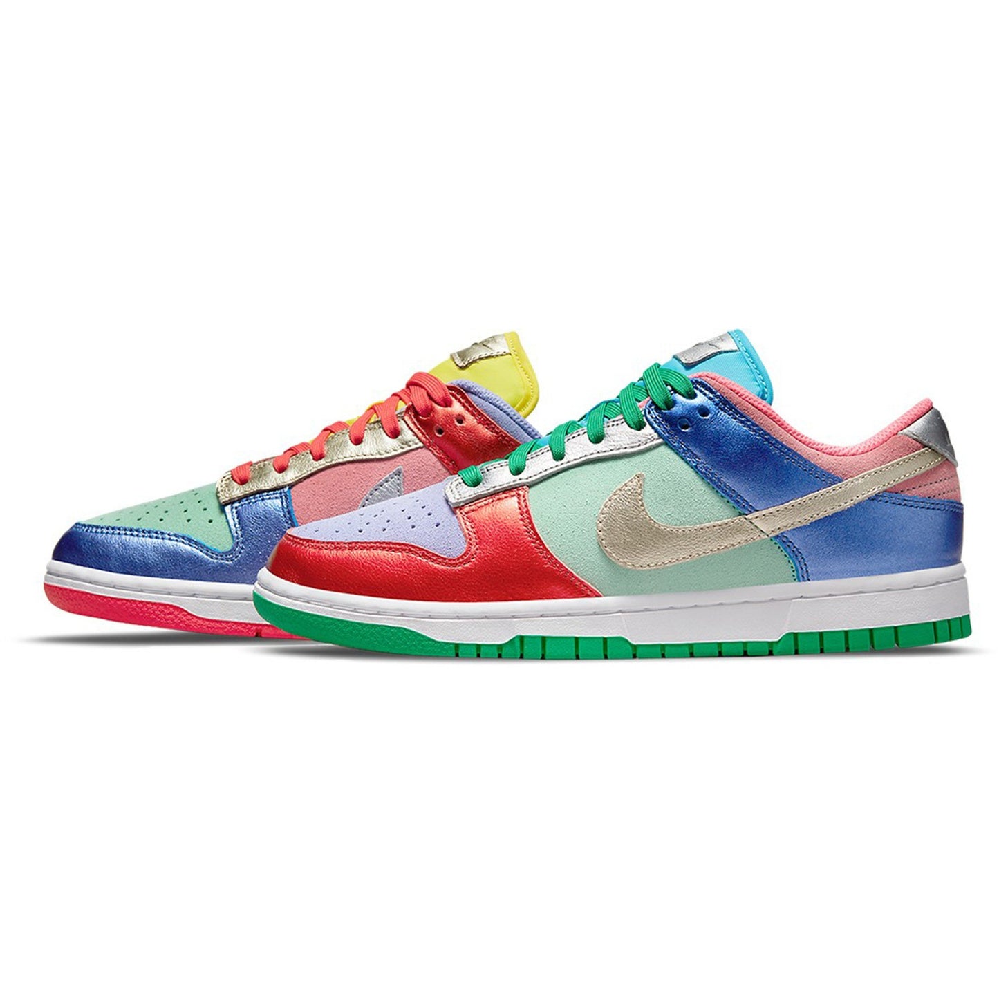 Alt text: A pair of Nike Dunk Low sneakers in the Sunset Pulse colorway for women, featuring a vibrant pink and orange gradient on the upper and a white midsole