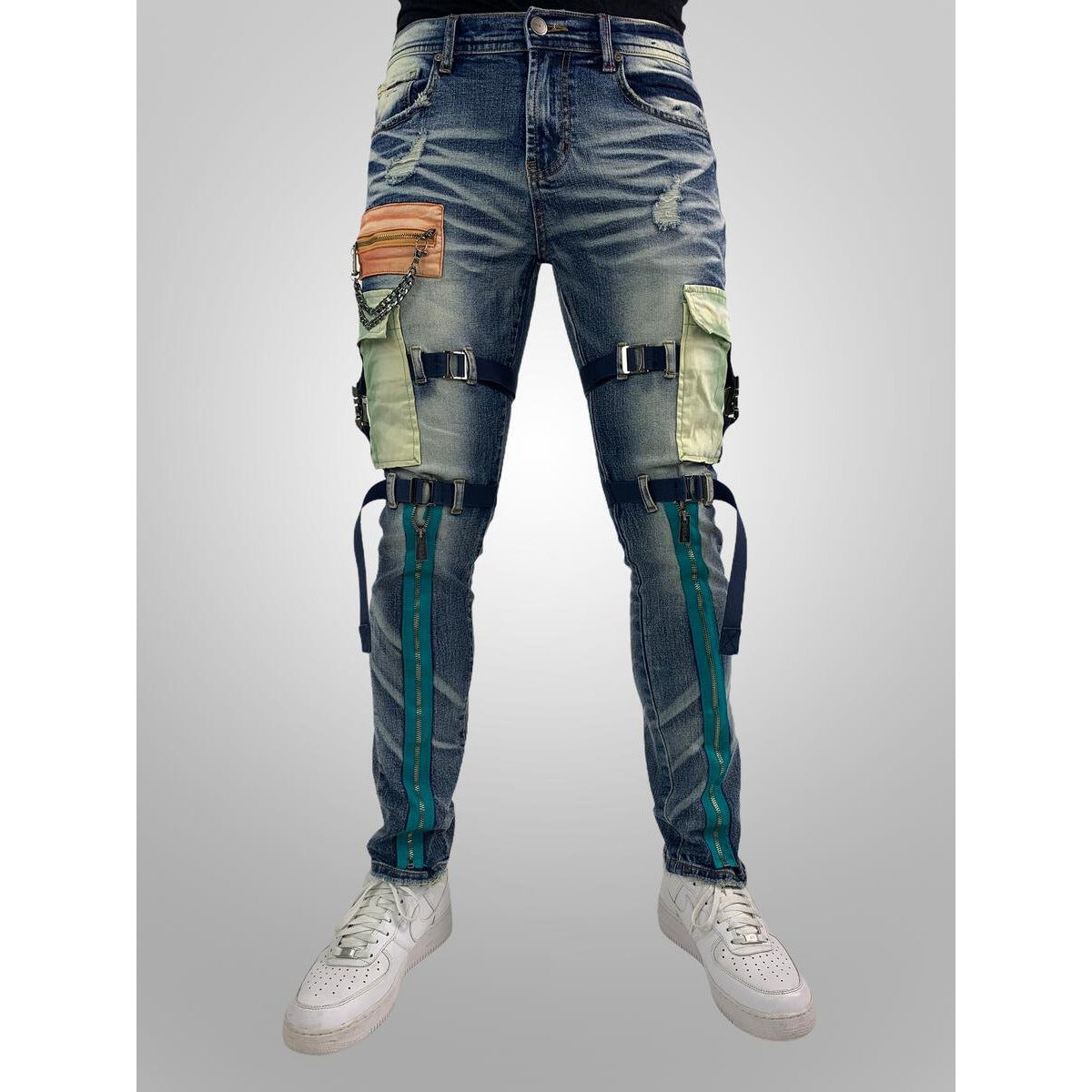 PREME Cargo Mixed Utility Denim with Straps - Indigo (PR-WB-695) showcasing versatile and stylish denim with adjustable straps for added functionality