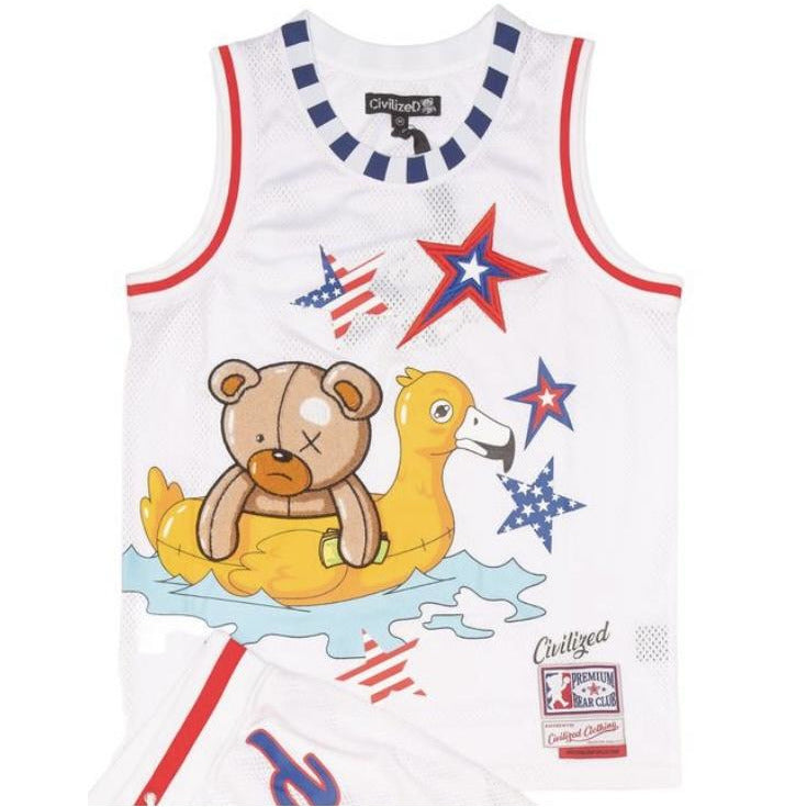 White jersey featuring a stylish and modern design with the Civilized All-Star Bear logo