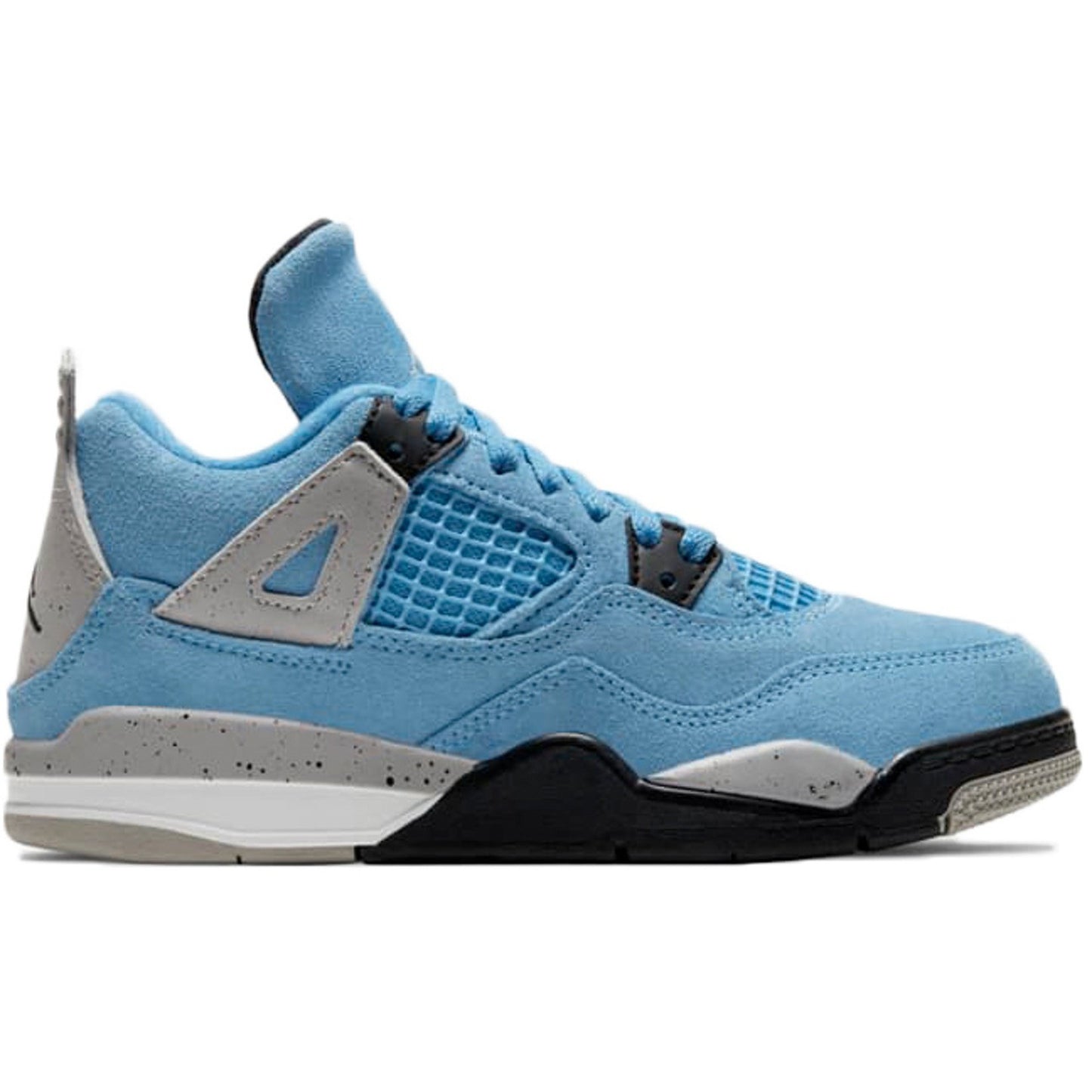 An image of the Jordan 4 Retro - University Blue (PS) kids' sneakers, featuring a stylish design with blue and white accents, perfect for young sneaker enthusiasts