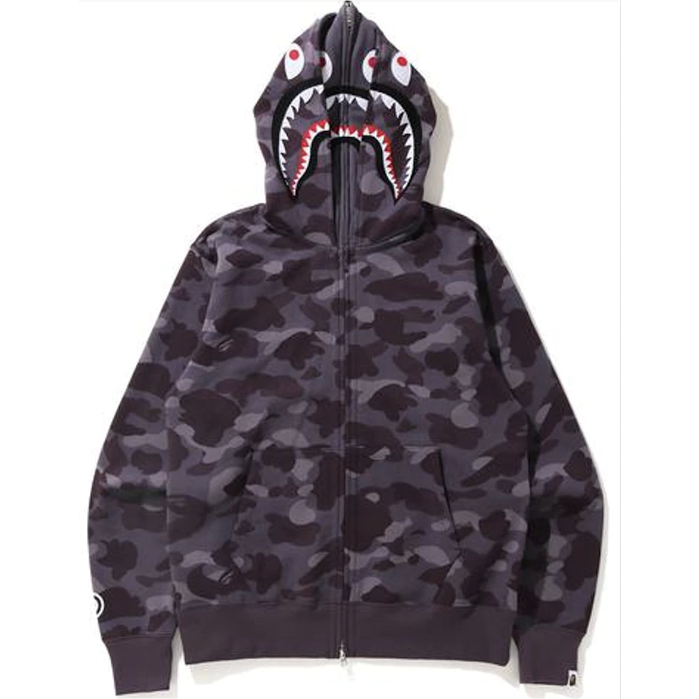 BAPE Color Camo Shark Wide Full Zip Double Hoodie in Burgundy, showcasing unique design and vibrant colors, perfect for streetwear enthusiasts