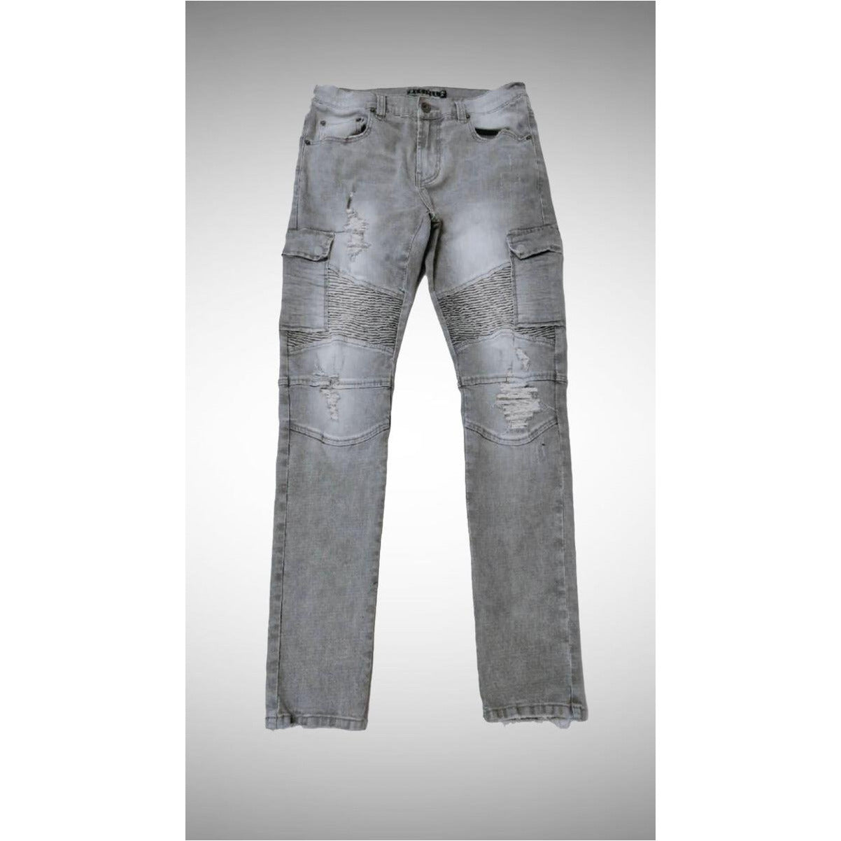 PREME Cargo Denim Biker Jeans - Grey (PR-WB-394) for a stylish, edgy look