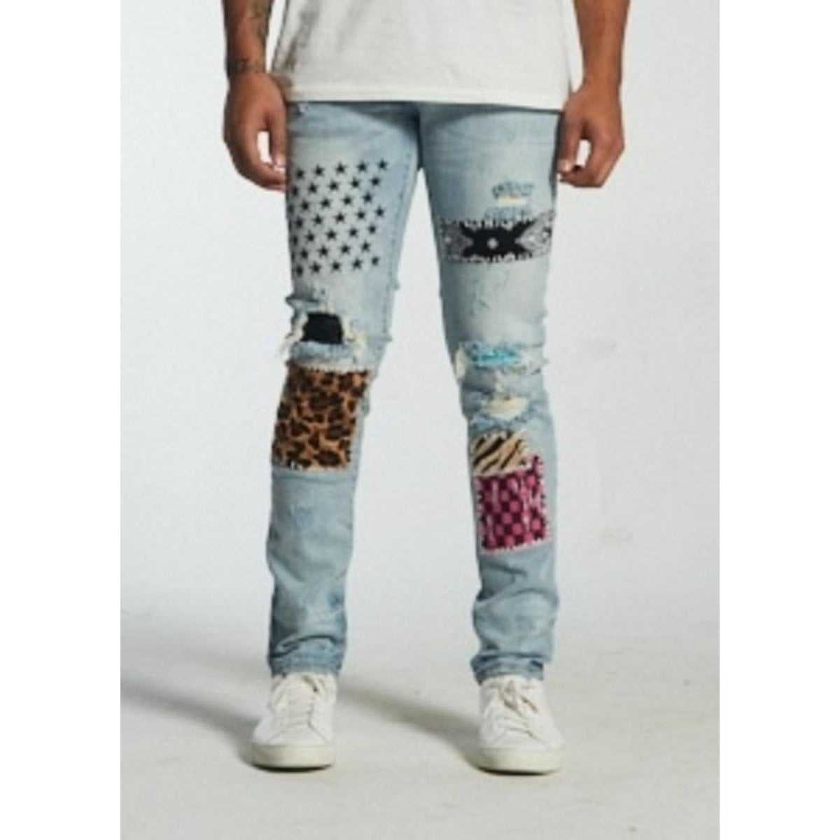 Embellish Light Blue Summit Patchwork Denim Jeans with distressed detailing