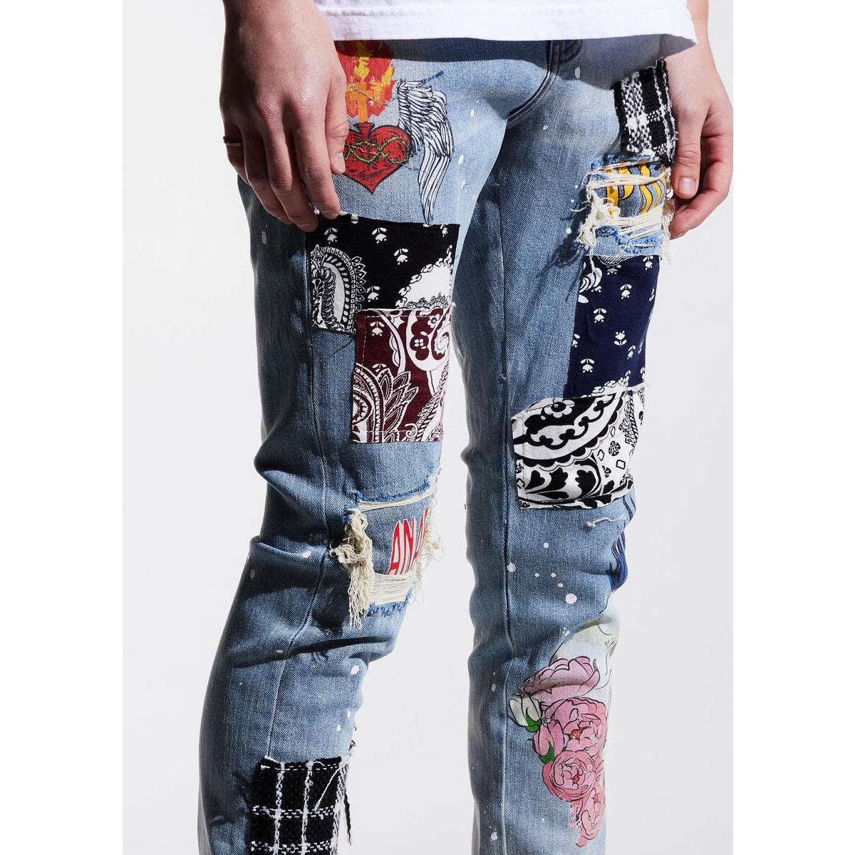 Side view of Embellish Arcadia Blue Patchwork Denim Jeans (EMBSUM121-105) showcasing the unique patchwork pattern