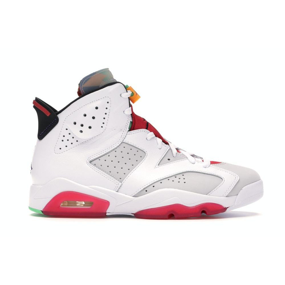 Alt text: High-quality image of the Jordan 6 Retro - Hare sneaker, featuring a white and grey colorway with vibrant accents, iconic Air Jordan branding, and a comfortable, stylish design for casual and athletic wear