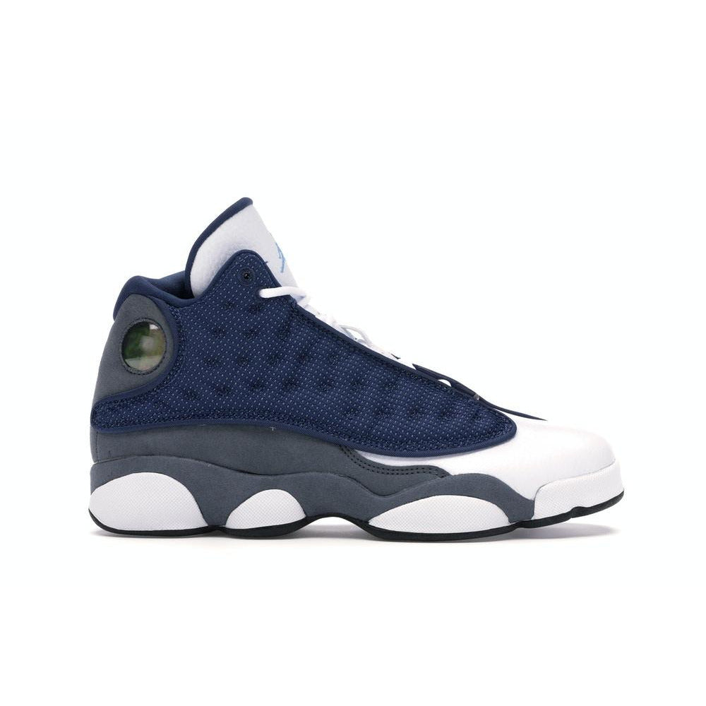 High-quality image of the stylish and trendy Jordan 13 Retro - Flint 2020 (GS) sneakers for girls, featuring a combination of white, navy, and grey colors with a sleek and sporty design
