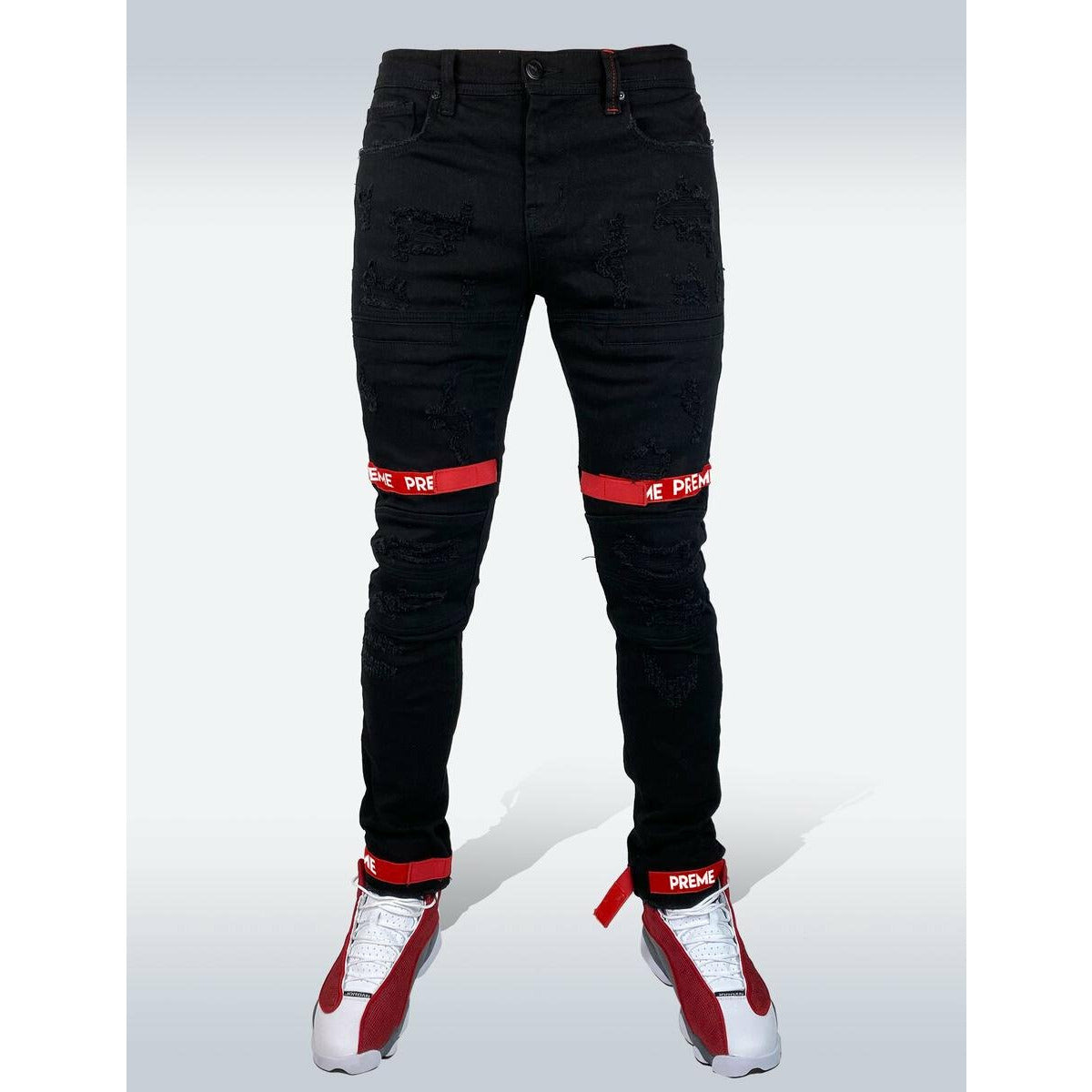 Preme Buffalo Red Strap Black Denim Jeans (PR-WB-841)