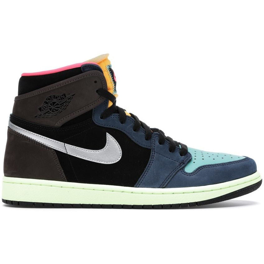 Close-up photo of the Jordan 1 Retro High - Tokyo Bio Hack sneakers featuring a mix of vibrant colors and unique patterns on the upper, with a contrasting white midsole and black outsole