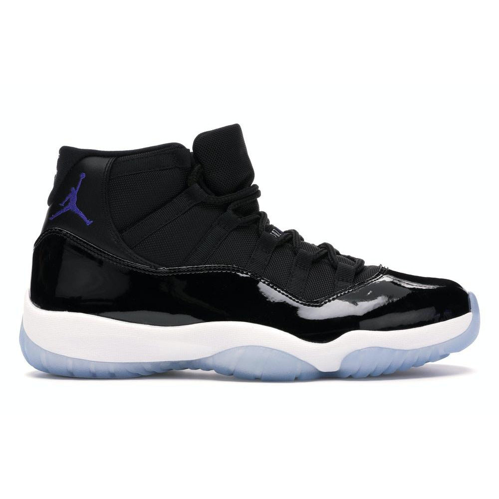 Black and blue Jordan 11 Retro Space Jam 2016 sneakers on white background