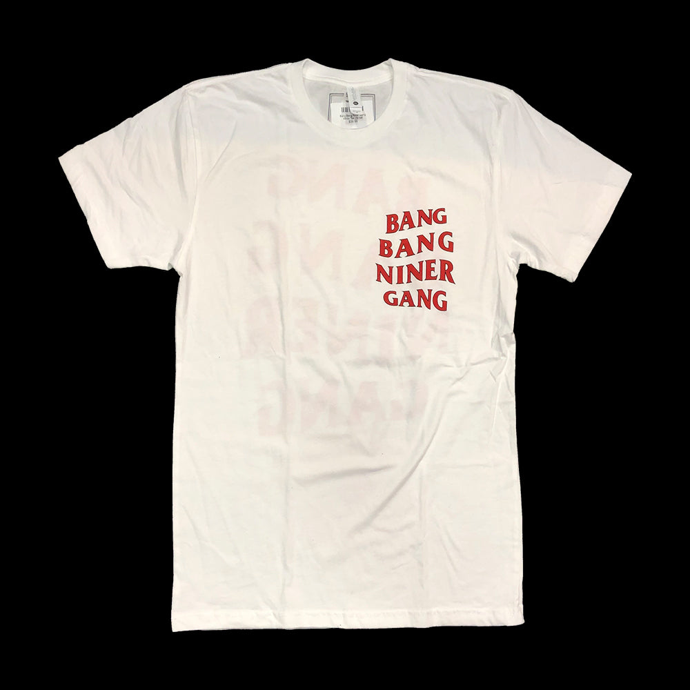 Front view of a white Bang Bang Niner Gang Tee featuring a sleek design with the text 'Bang Bang Niner Gang' and a football player graphic