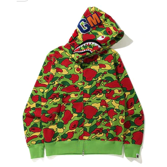 Green BAPE Sta Camo Shark Full Zip Hoodie featuring iconic shark design