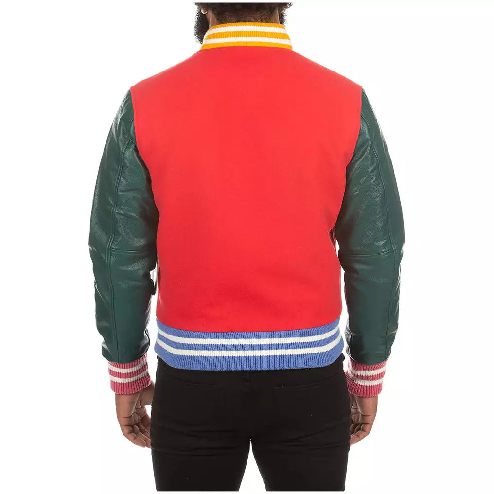 Stylish front view of the BBC Lollipop Red BB Letterman Jacket featuring snap button closure and two front pockets
