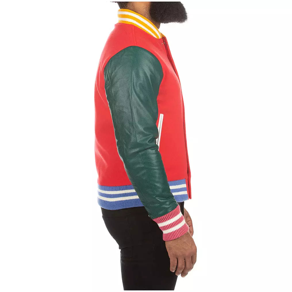 Back view of the BBC Lollipop Red BB Letterman Jacket showcasing bold BB logo and high-quality stitching