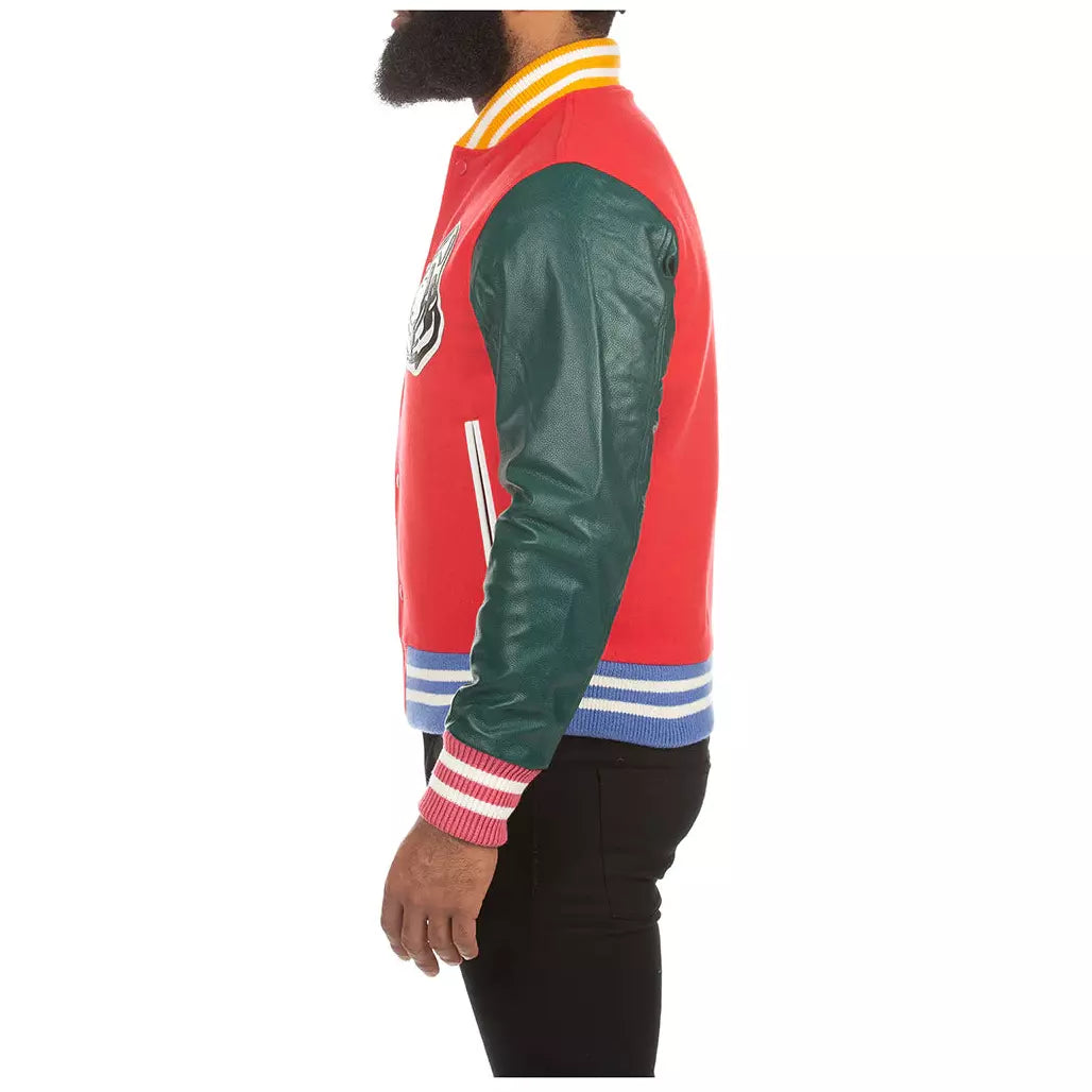 Stylish and trendy BBC Lollipop Red BB Letterman Jacket (811-8405) featuring iconic logo embroidery