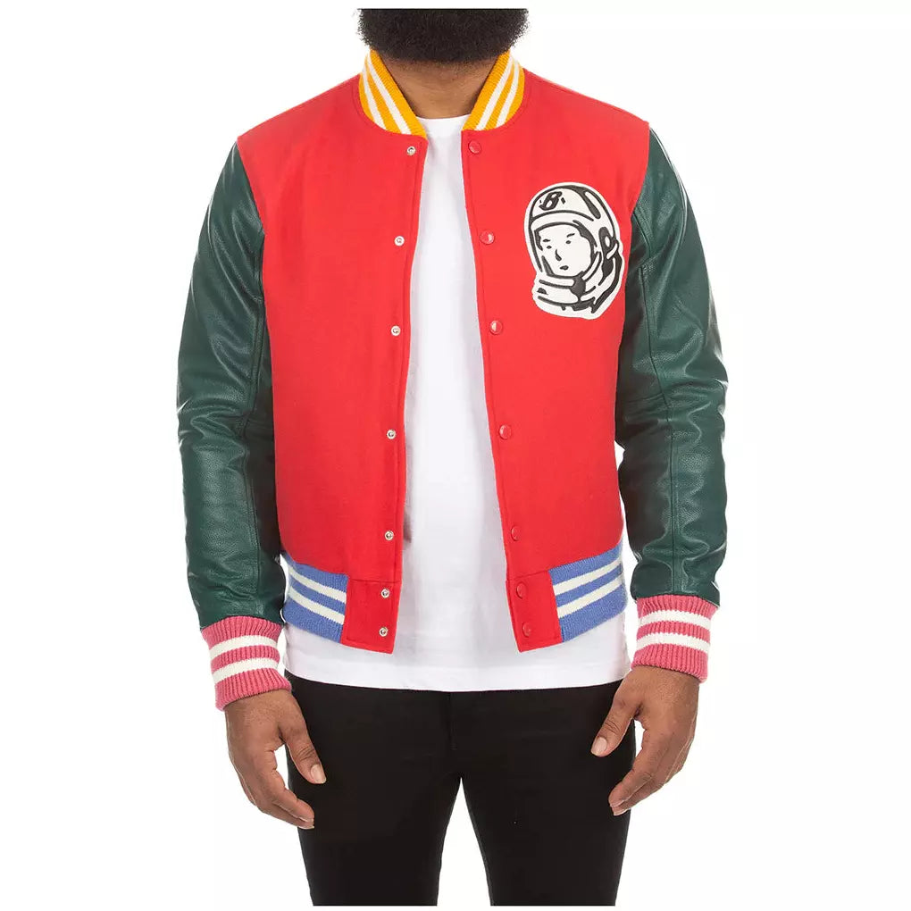 BBC Lollipop Red BB Letterman Jacket with white lettering and striped cuffs and waistband