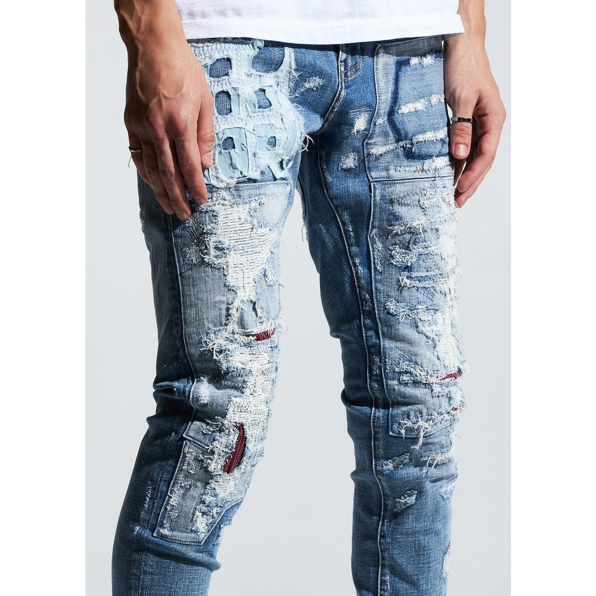 Embellish Indigo Patch Lowe Denim Jeans (EMBQS20-106) featuring intricate patchwork and distressed detailing
