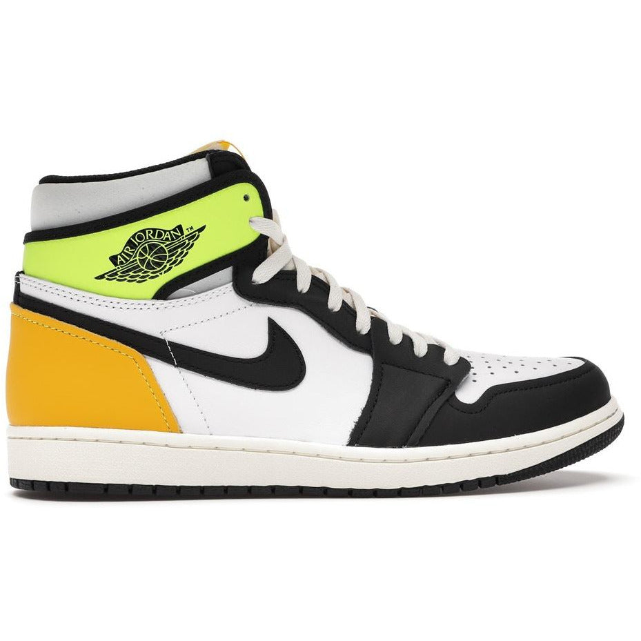 Stylish and iconic Jordan 1 Retro High sneakers in white, black, volt, and university gold colorway
