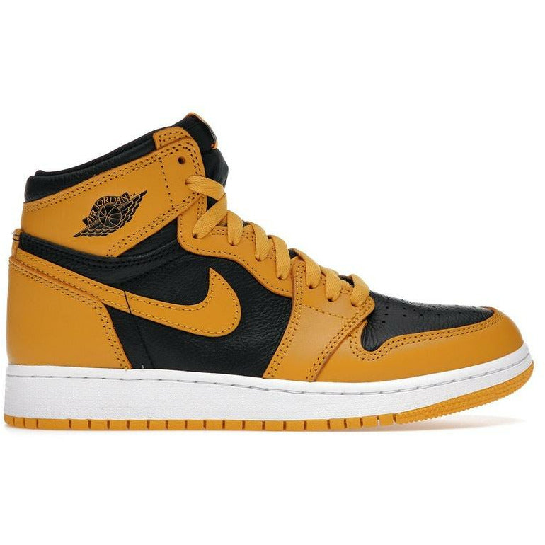 Yellow and black Jordan 1 Retro High OG - Pollen (GS) kids' sneaker with iconic Nike swoosh and high-top design