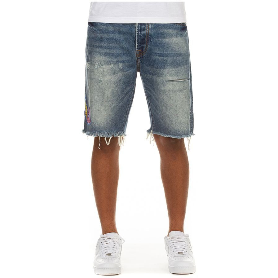 Close up image of BBC BB Expedition Denim Jean Shorts (811-5105) with distressed detailing and frayed hem, perfect for a casual summer look