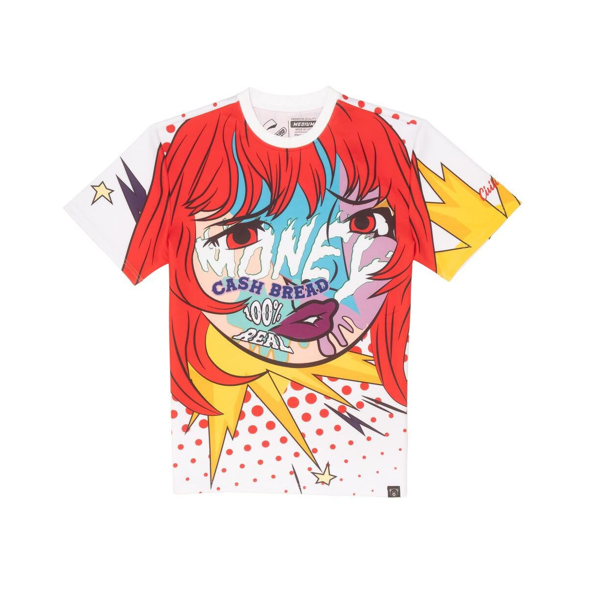 White tee shirt with 'Civilized Money Cash Bread' text design