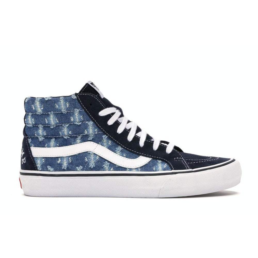 Vans Sk8-Hi Supreme - Hole Punch Denim Blue high top sneakers with unique denim design and signature Supreme branding