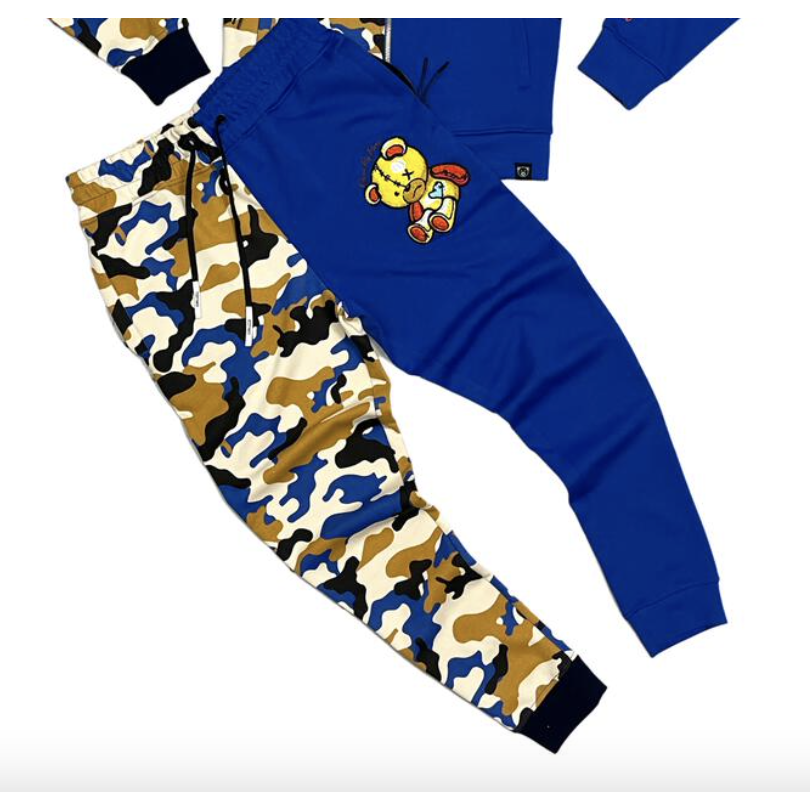 Blue color block joggers, featuring a stylish camo bear design (CV1331 BLUE)