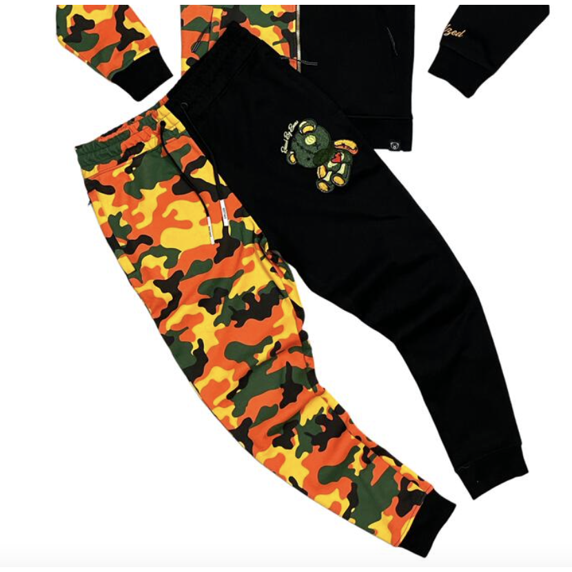 Black color block joggers with a civilized camo bear design (CV1331-BLACK) for a stylish and comfortable look