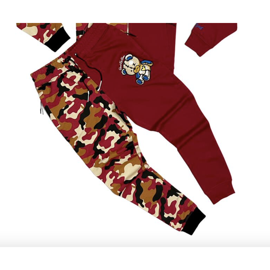 Civilized CAMO BEAR COLOR BLOCK JOGGERS in Burgundy with comfortable fit and stylish design for casual wear and outdoor activities