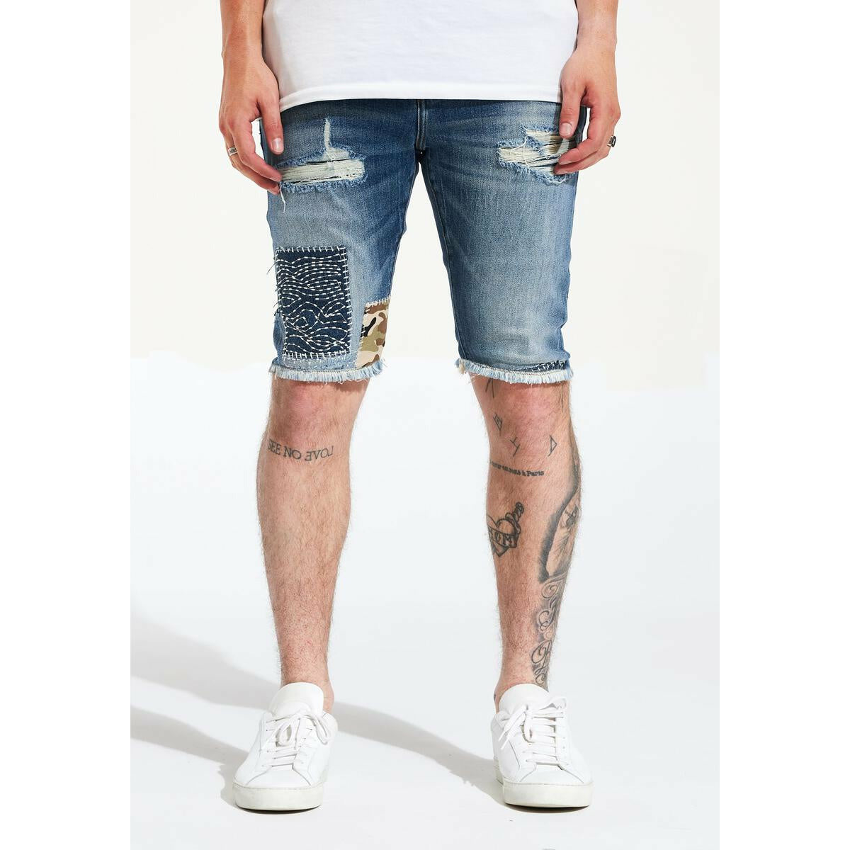 Crysp Denim Blue Patch - PRAISE SHORT (CRYSP222-135) with stylish distressed detailing and frayed hem