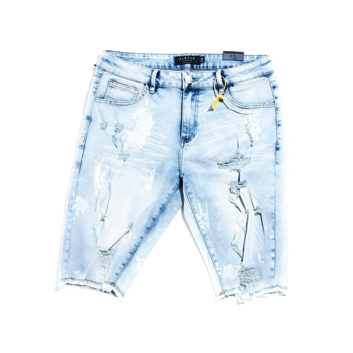 Kater Collection Asher Blue Denim Shorts (KARPK-307) featuring distressed detailing and a comfortable, relaxed fit for a stylish, casual look