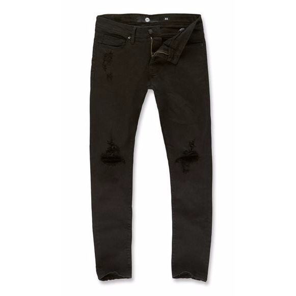 Close-up image of Jordan Craig Jet Black Jeans with stylish distressed tears (style JM3314A) for trendy men's fashion