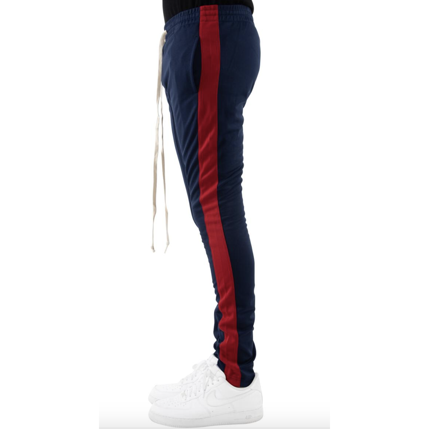 Navy pants shop with red stripe
