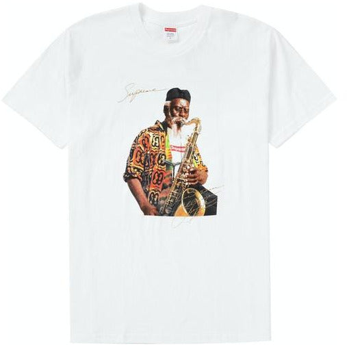 White Supreme Pharoah Sanders Tee featuring iconic jazz musician design